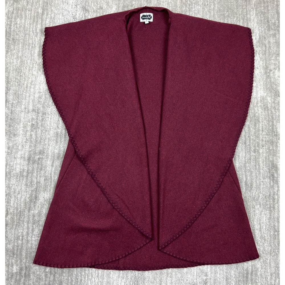 Mud Pie Wrap Vest Womens OS Burgundy Draped Open Front Blanket Stitch Wool Blend